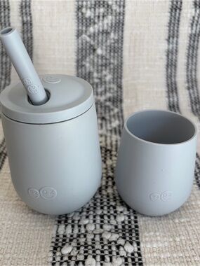 Ez Pz Mini Drinking Cup with Lid Straw and Tiny Cup Set Light Gray Silicone
